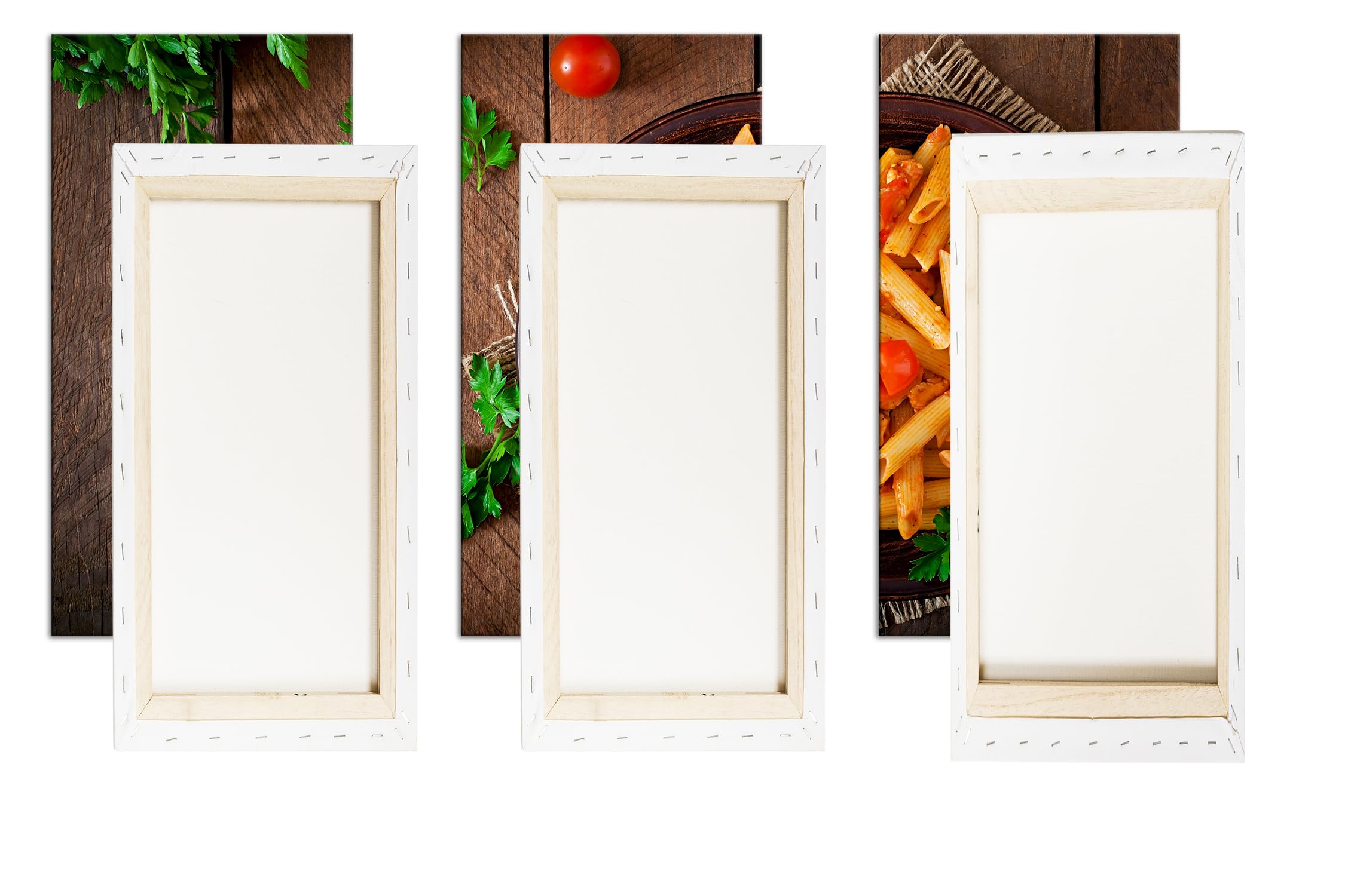 deyoli Penne w obfitym sosie pomidorowym, ozdobiony świeżymi ziołami i dojrzałymi pomidorami koktajlowymi. Format: 120 x 80 cm (3-częściowy) jako obraz na płótnie, motyw oprawiony na ramie z