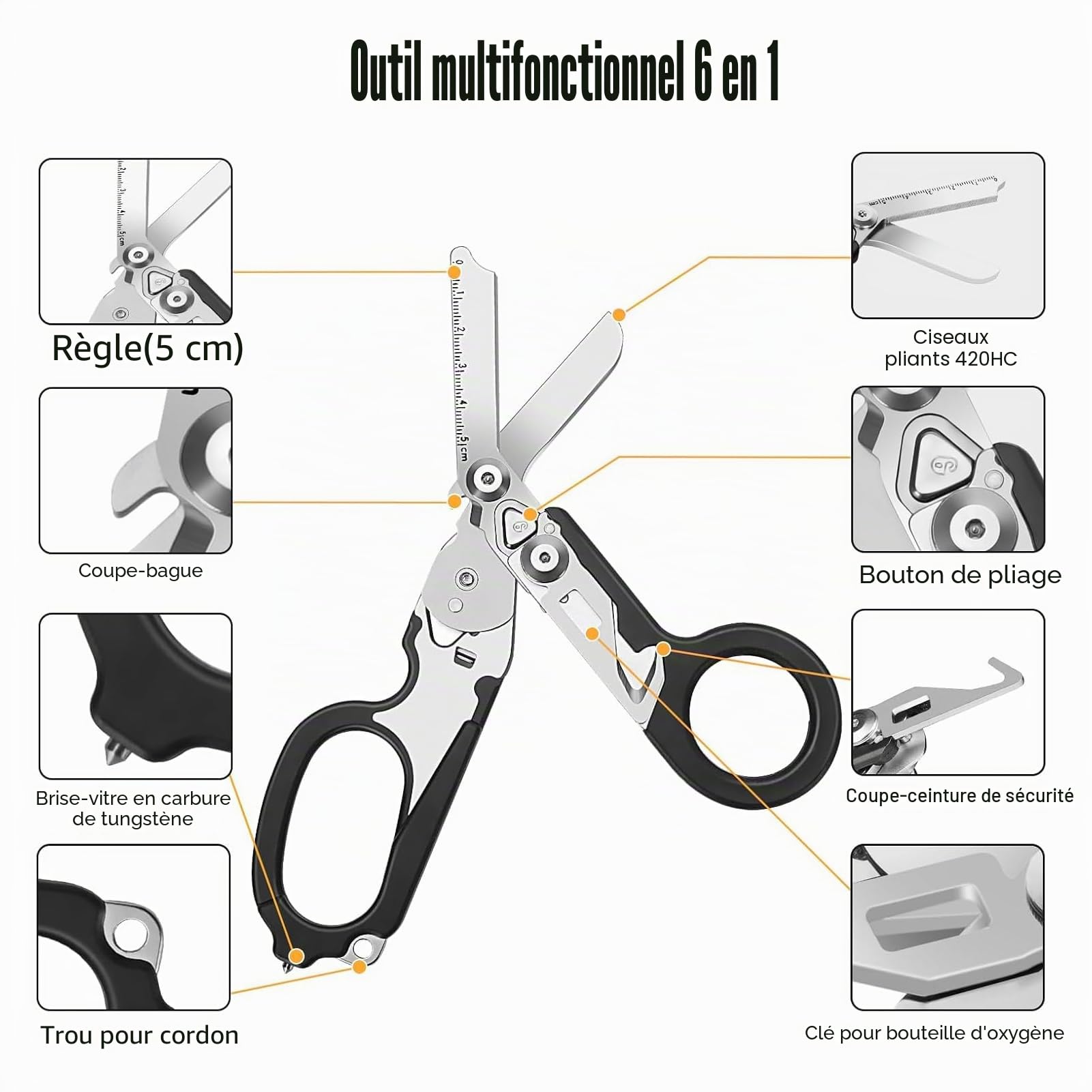 Ciseaux de traumatisme multifonctionnels en acier inoxydable - 6 fonctions pratiques - Ciseaux d'urgence Raptor Response - Noir
