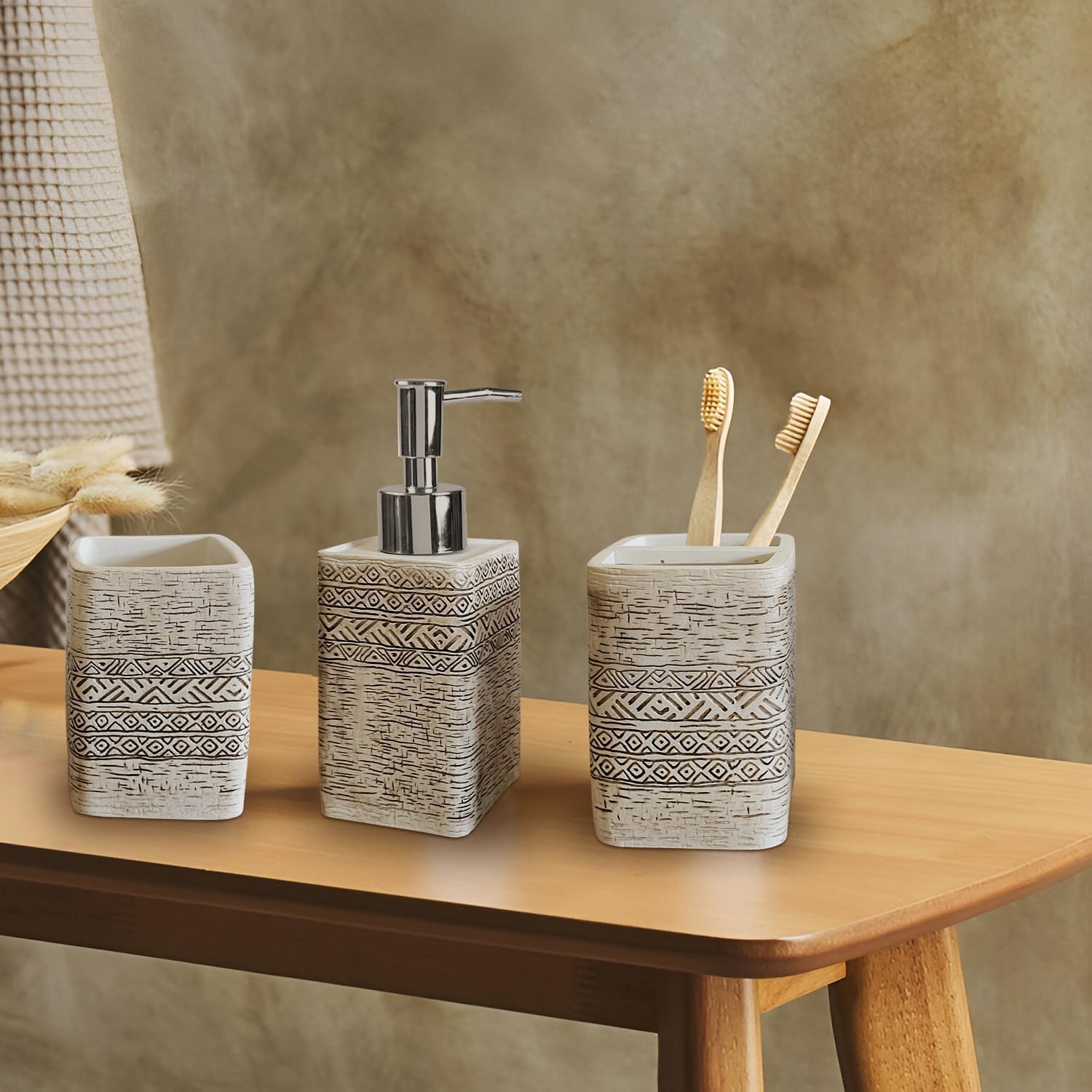 LEDSone 3-Piece Bathroom Accessories Set - Toothbrush Holder, Soap Dispenser, and Tumbler | Modern Resin Design with Textured Finish for Home & Office Decor (Style 8)