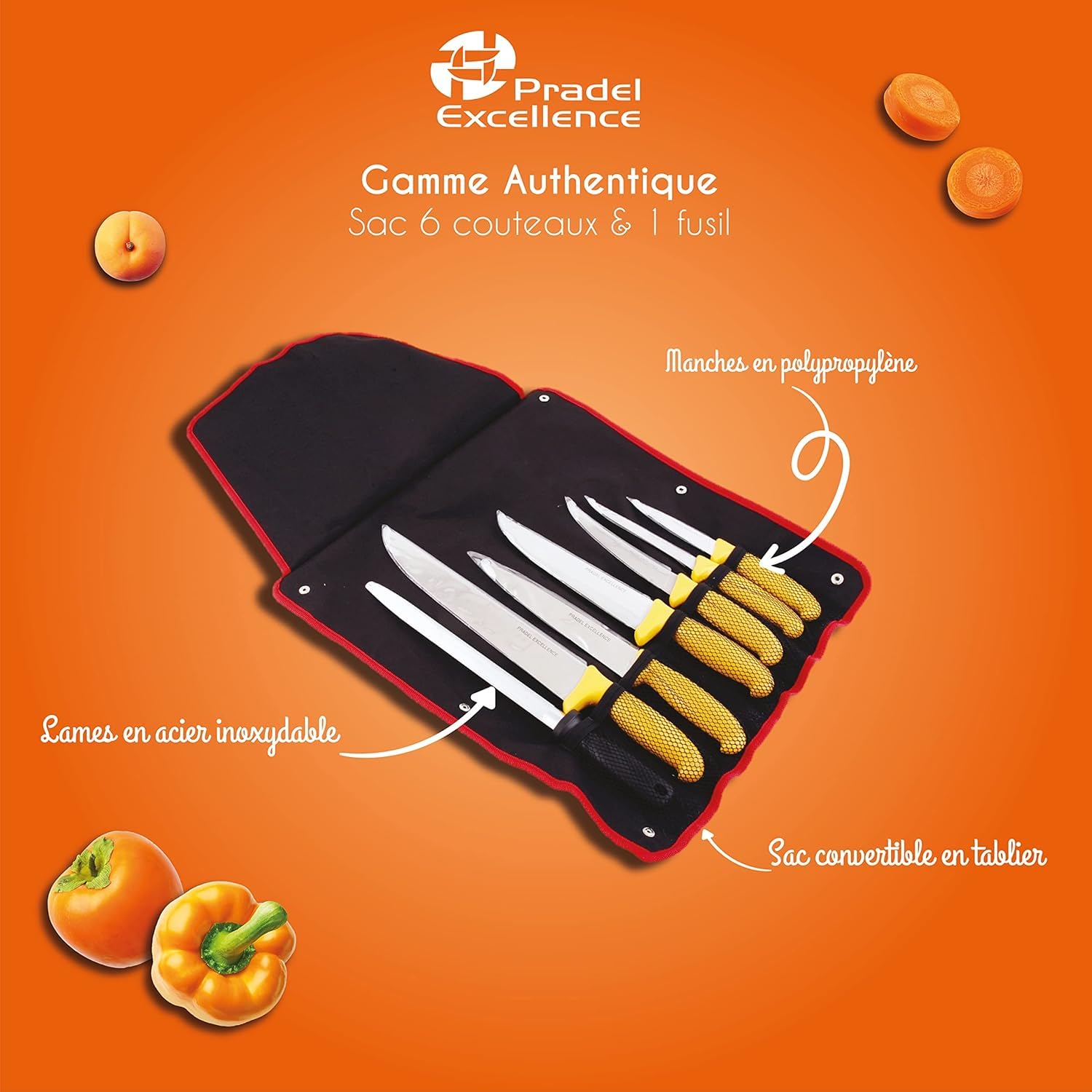 Pradel Excellence - PCOT005008 - Sac Couteaux de Boucher 7 Pièces - 6 Couteaux + 1 Fusil d’Affûtage - Lames Inox- Compatibles Lave-Vaisselle - Sac de Rangement Convertible en Tablier