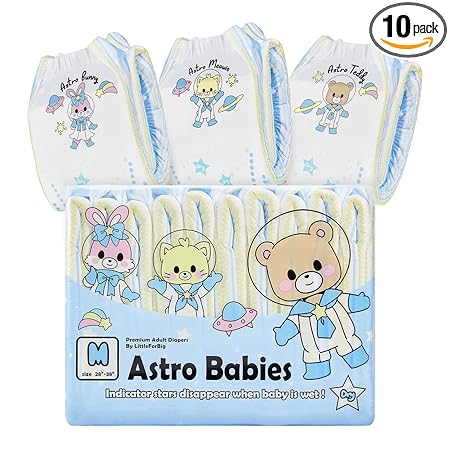 LittleForBig Adult Printed Diaper 10 Pieces - Astro Babies (Medium 71-96 CM)