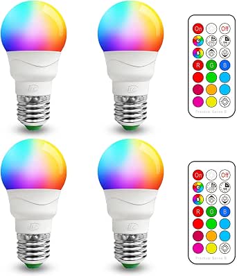 ILC RGB LED Light Bulb, Color Changing, 40W Equivalent, 450LM, 2700K Warm White, E26 Base, 12 Colors, Remote Control (4 Pack)