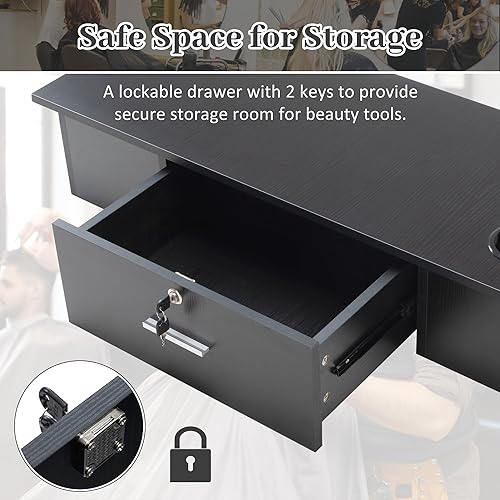 Miniatura 4 de Montajes de pared negros para estilistas, mesa de peluquería con 3 soportes para secador de pelo, gabinete de almacenamiento para peluquería, salón