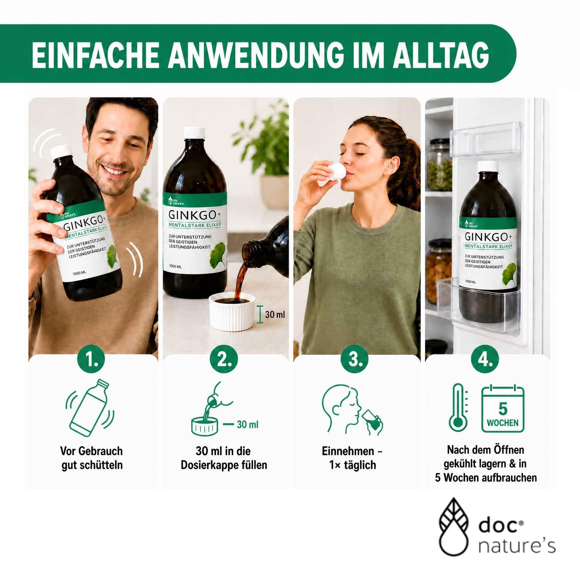 doc nature’s GINKGO+ Mentalstark Elixier, 1000 ml Vitamin B Komplex, unterstützt geistige Leistungsfähigkeit, mit Ginkgo Biloba & Ginseng-Extrakt, Vitamin B12, Pantothensäure & Eisen