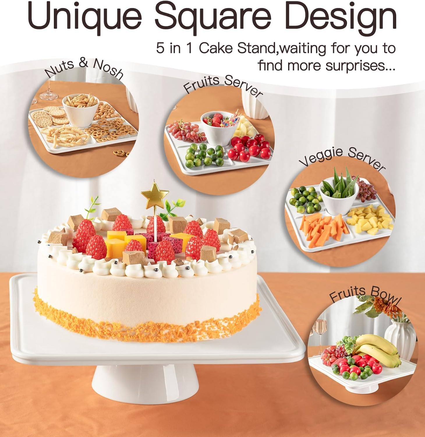 Cake Stands,White Cake Stand 5-in-1 Multi-Purpose Use,Wedding Cake Stand for Serving Platter,Fruit Plate Cake Pedestal Stand Display Dessert Stand for Birthday,Wedding,Party,Baby Shower (12.5 inch) - Image 4