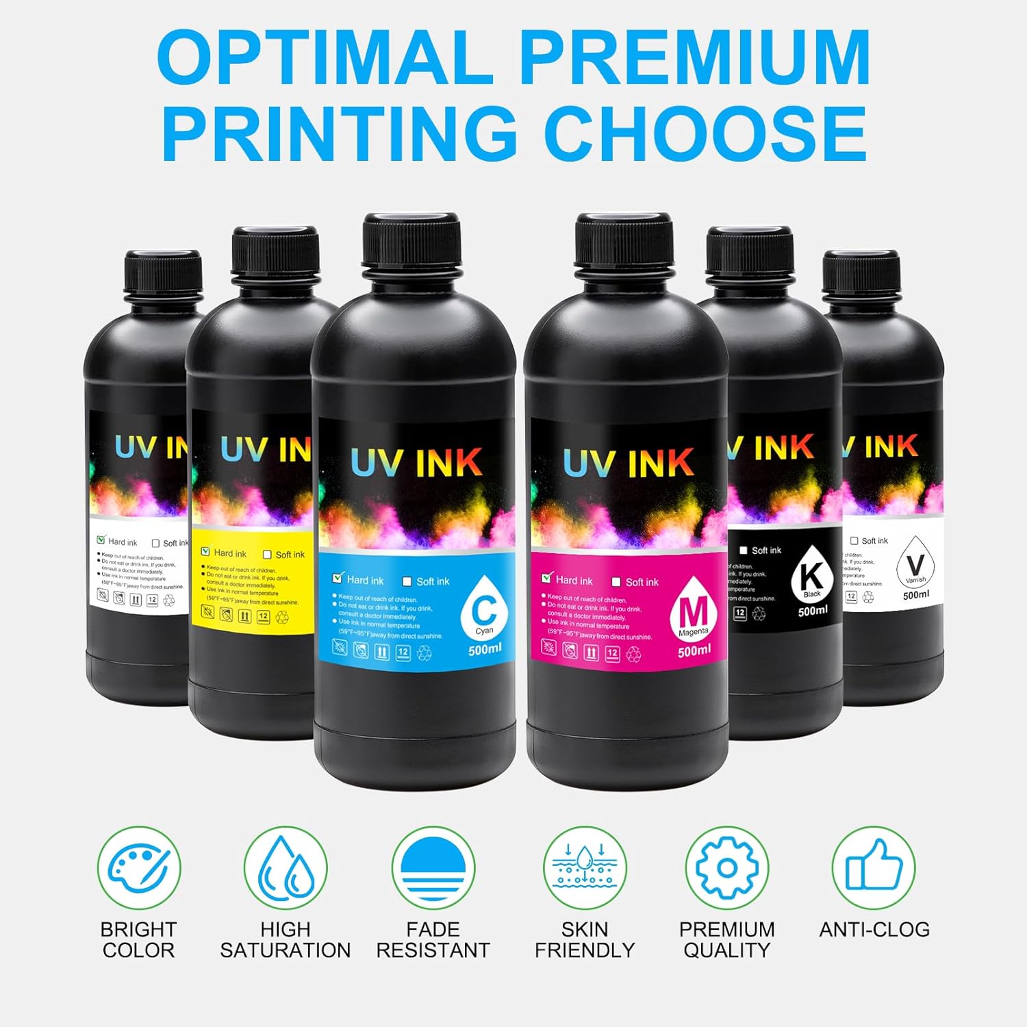 UV Ink for Hard Materials Compatible with Ep XP600 TX800 i3200 L805 1390 DX5 DX6 DX7 i1600 DX10 printhead – for Wood Acrylic,Plastic,Stone Material,etc 500MLx6 (CMYKWV)