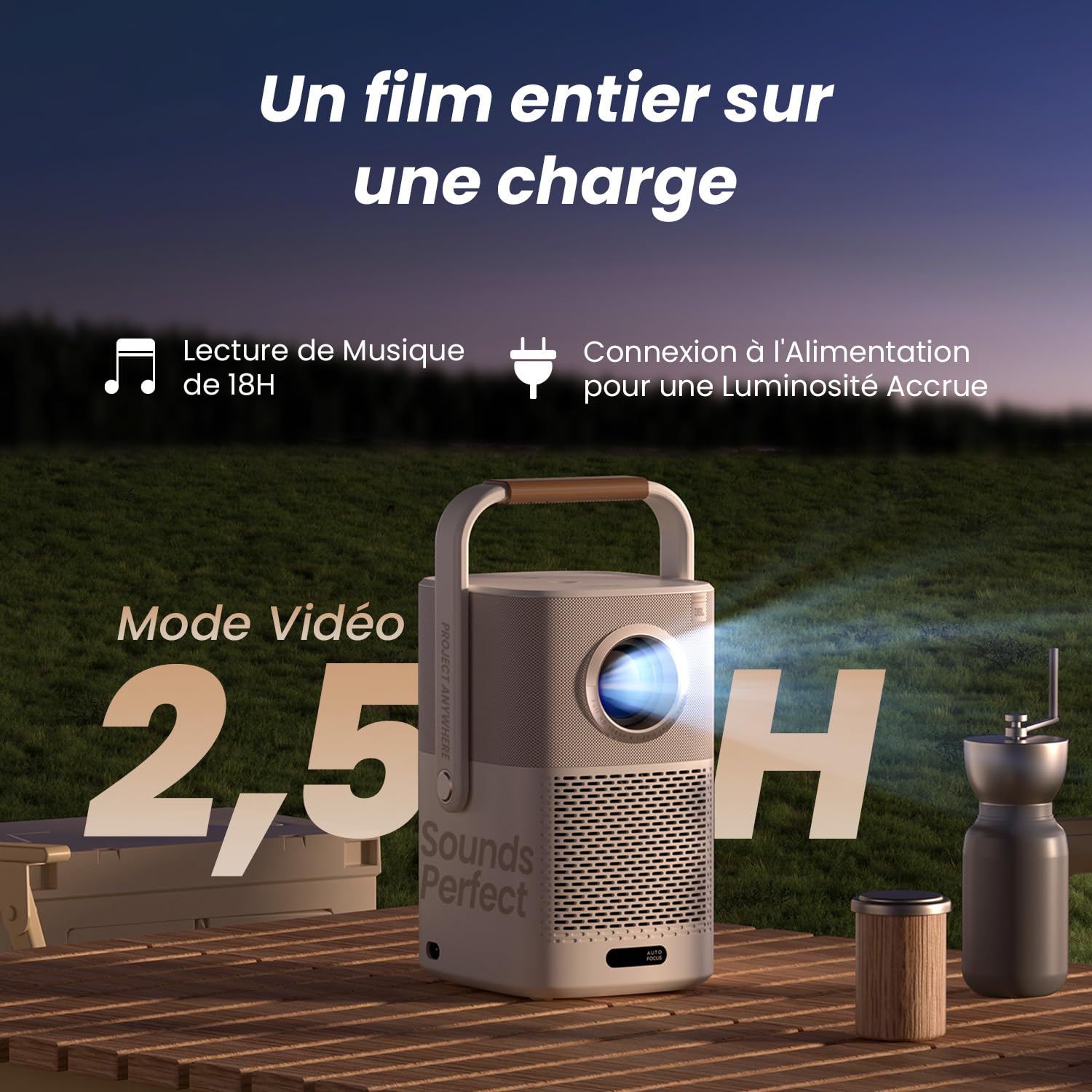 【Son JBL et Batterie Intégrée】 Videoprojecteur WiFi Bluetooth T2, Projecteur Portable Natif 1080P Auto Focus/Keystone, Haut-Parleur 2X8W, Compatible avec Adaptateur TV (Looks Better)