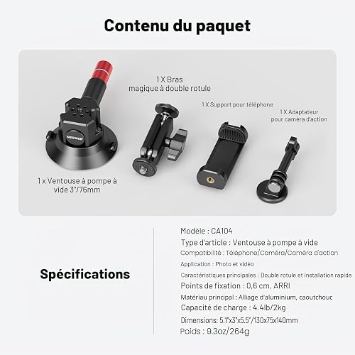 NEEWER Support Caméra Ventouse 3",Compatible avec Arri 1/4" Trous, Support de Voiture Quick Release+ de Téléphone, Adaptateur Action Cam Compatible avec iPhone GoPro DJI Insta360, CA104 - 7