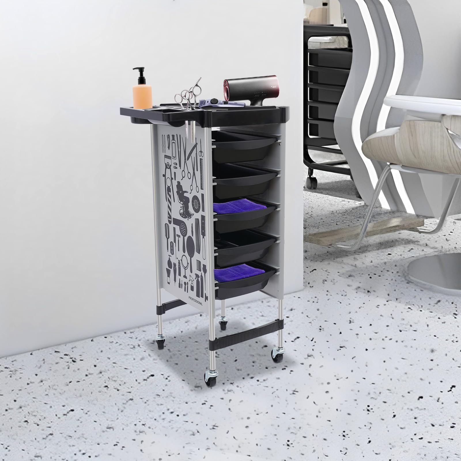 Carrito de peluquería con ruedas, 90 x 36 cm, carrito de peluquería con 5 cajones, carrito de salón para suministros de peluquería, joyas, cosméticos (gris blanco)