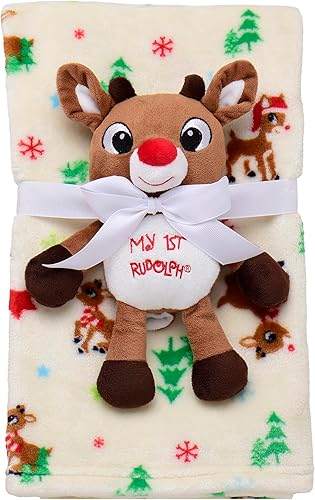 Juego de regalo de 2 piezas de peluche y manta para bebé, mi primer bordado de Navidad (muñeca roja, 30 x 34 pulgadas)