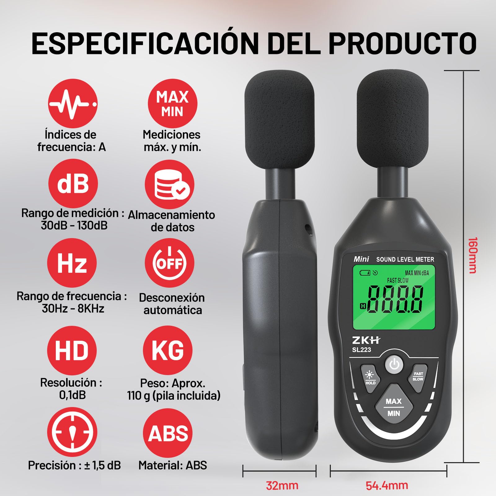 ZKH Sonometro Digital, Medidor Decibelios Portátil Rango 30-130dB, Pantalla LCD, Ponderación A, Frecuencias 30-8KHz, Resolución 0.1dB, Precisión ±1.5dB, Función Max/Min/Hold, para Casa, Fábrica