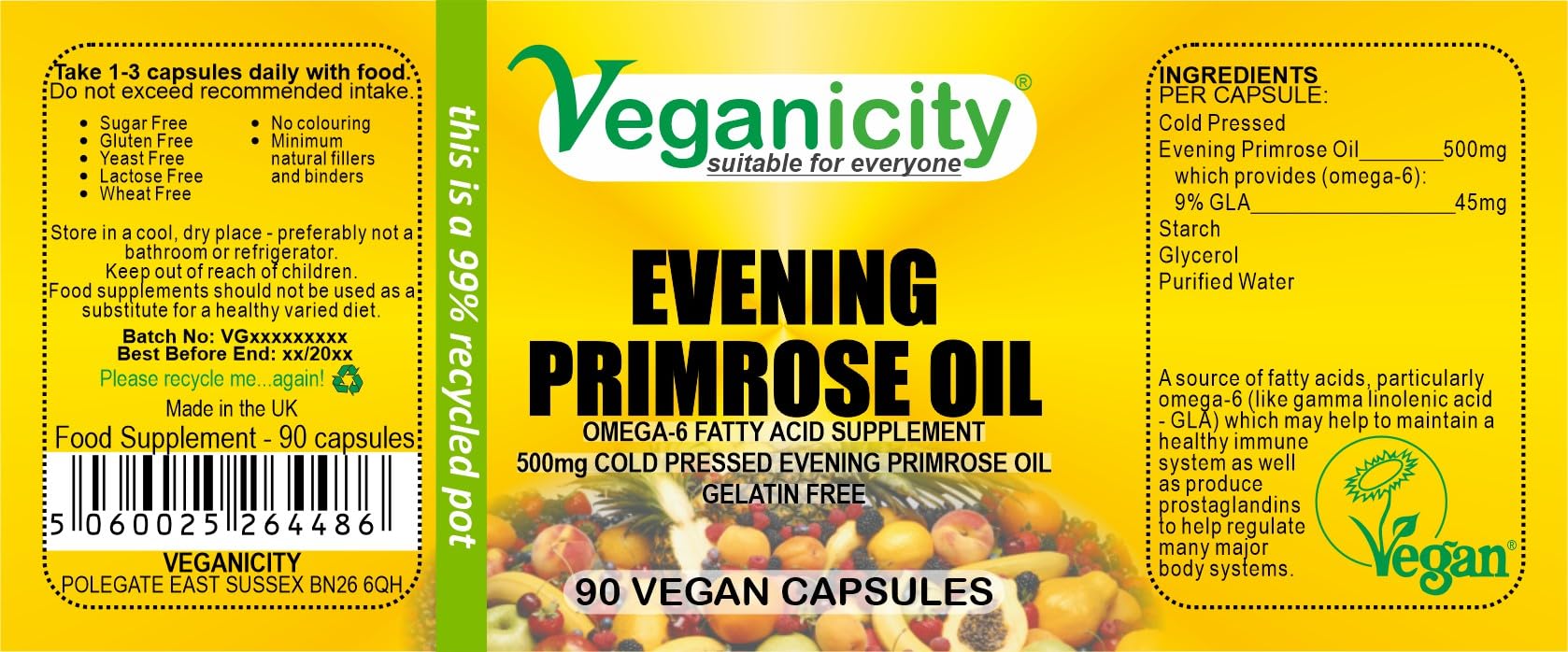 Evening Primrose Oil 500mg (9% GLA) : Omega-6 Plant Supplement : 90 Vegan Capsules, in a Planet-Friendly 99% Recycled Pot