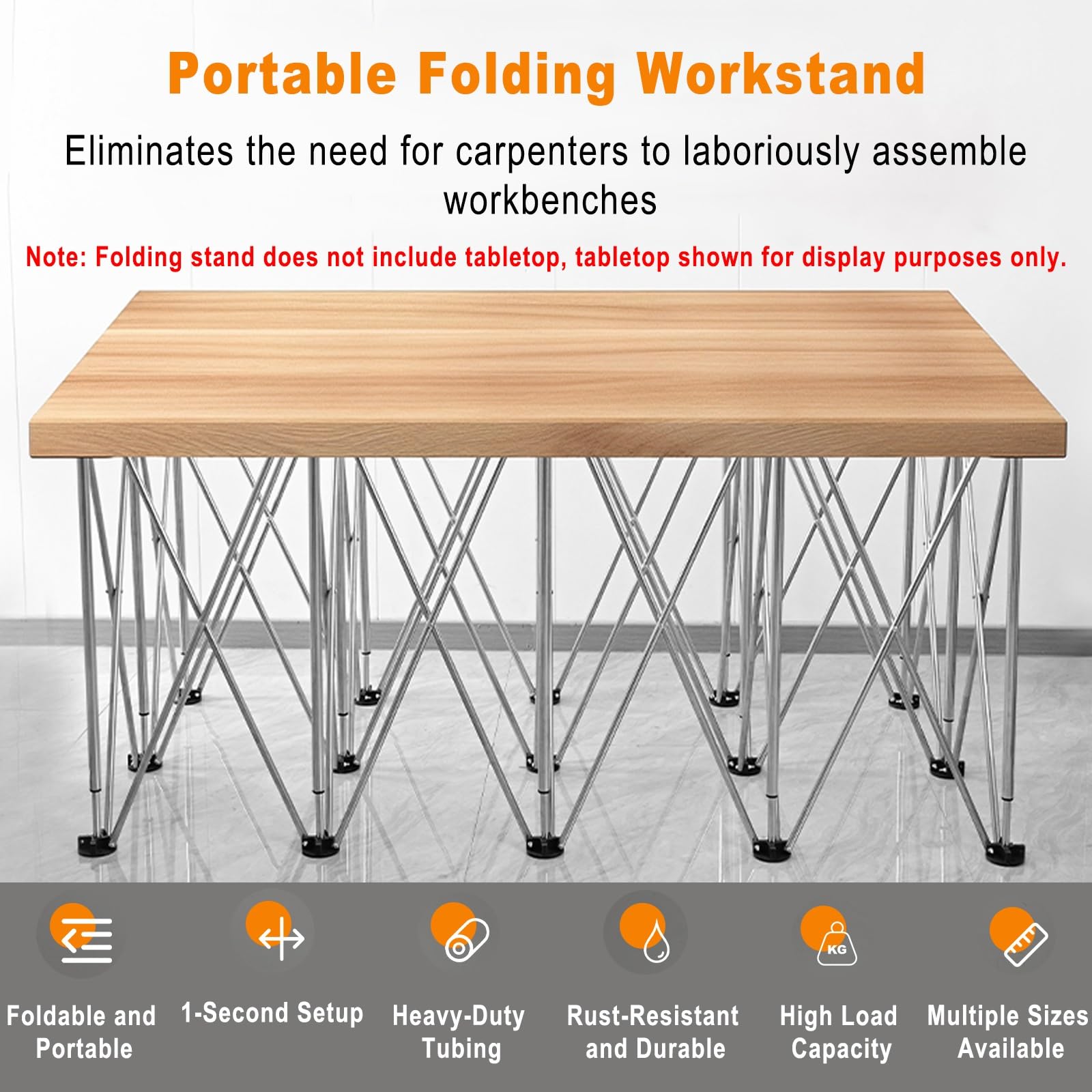 Mesa de trabajo plegable resistente con bolsa de almacenamiento, patas de acero estable, diseño de araña de 6 patas para garaje, taller y proyectos de bricolaje.