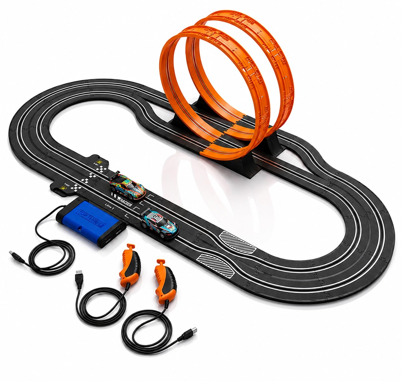 Atlasonix Juegos de pistas de carreras de coches de ranura, pista de carreras y accesorios, pista de vehículos de carreras eléctrica, pista de carreras eléctrica dual para niñas y niños a partir de 5