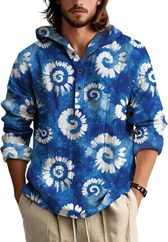 Mens Long Sleeve Button Down Shirt Print Loose Fit Lightweight Linen Casual Top for Vacation Hawaiian Beach Shirt