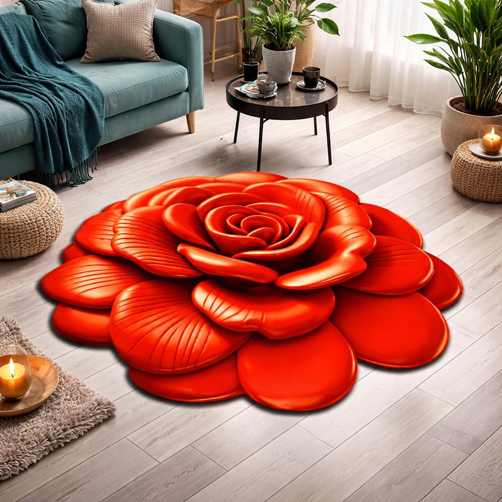 Rose Flower Shaped Rug Mat, Multicolour, Velvet, Anti-Skid Floor Mat for Bedroom, Living Room, Balcony, Soft Plush Carpet, Modern Floral Design Size 25" X 25". (RED)-image-33