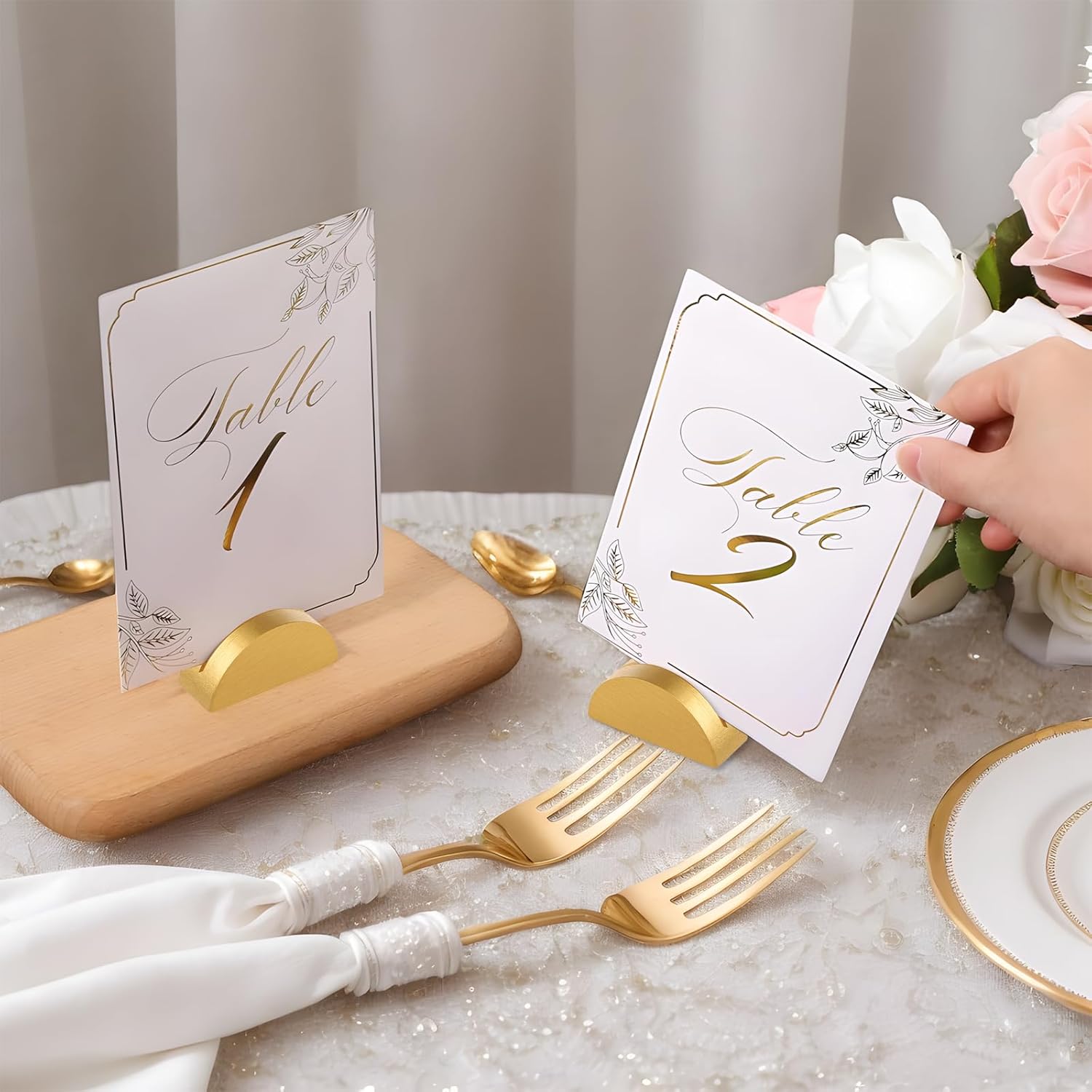 Table Number Stands, 36 PCS Table Number Holders, Place Card Holders Golden Wooden Semicircular Design Modern Card Holders for Offices, Restaurants, Wedding, Birthday Parties(Gold)