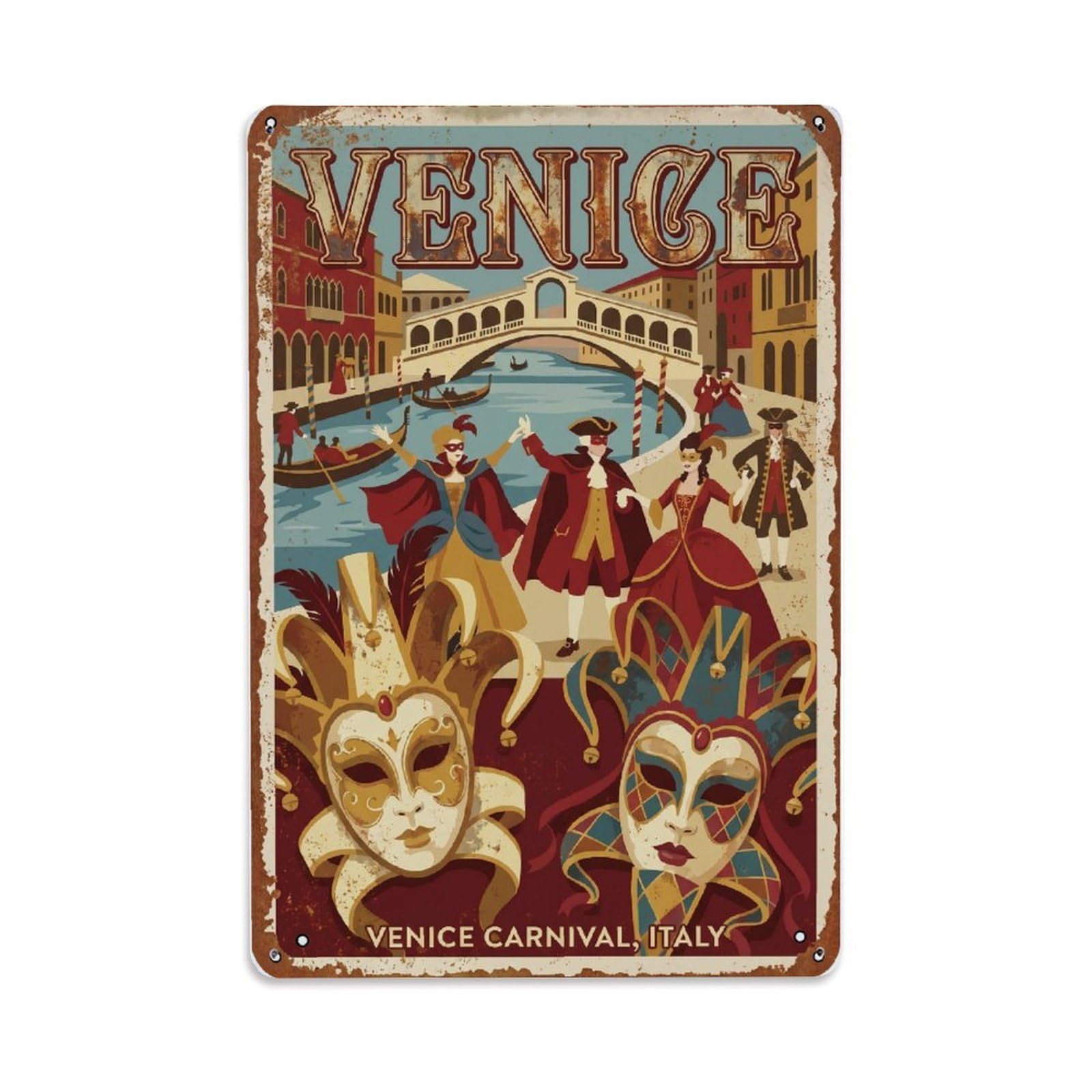 Vintage Travel Venice Carnival Masks Traditional Celebration Rusted Italy Metal Tin Sign Plaque Wall Decor for Cafe, Club Bar, Office, Home Garden Metal Poster 8x12Inch