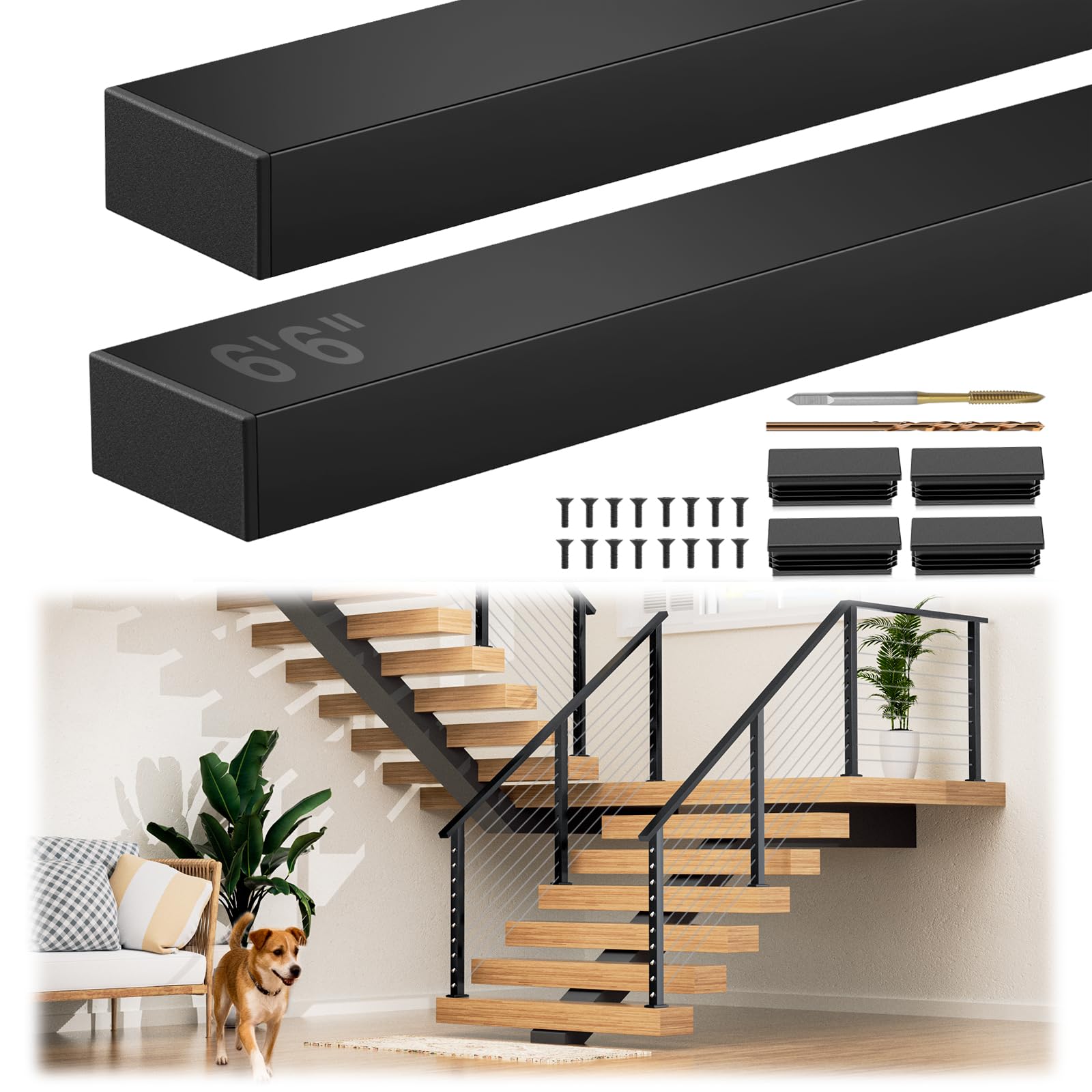 6'6" Black Cable Railing Handrail, 2 Pack Stainless Steel T304 Cuttable Rectangular Flat Top Rail with Plastic End Cap for Indoor Outdoor Deck Stair Cable Railing System DIY Balustrade