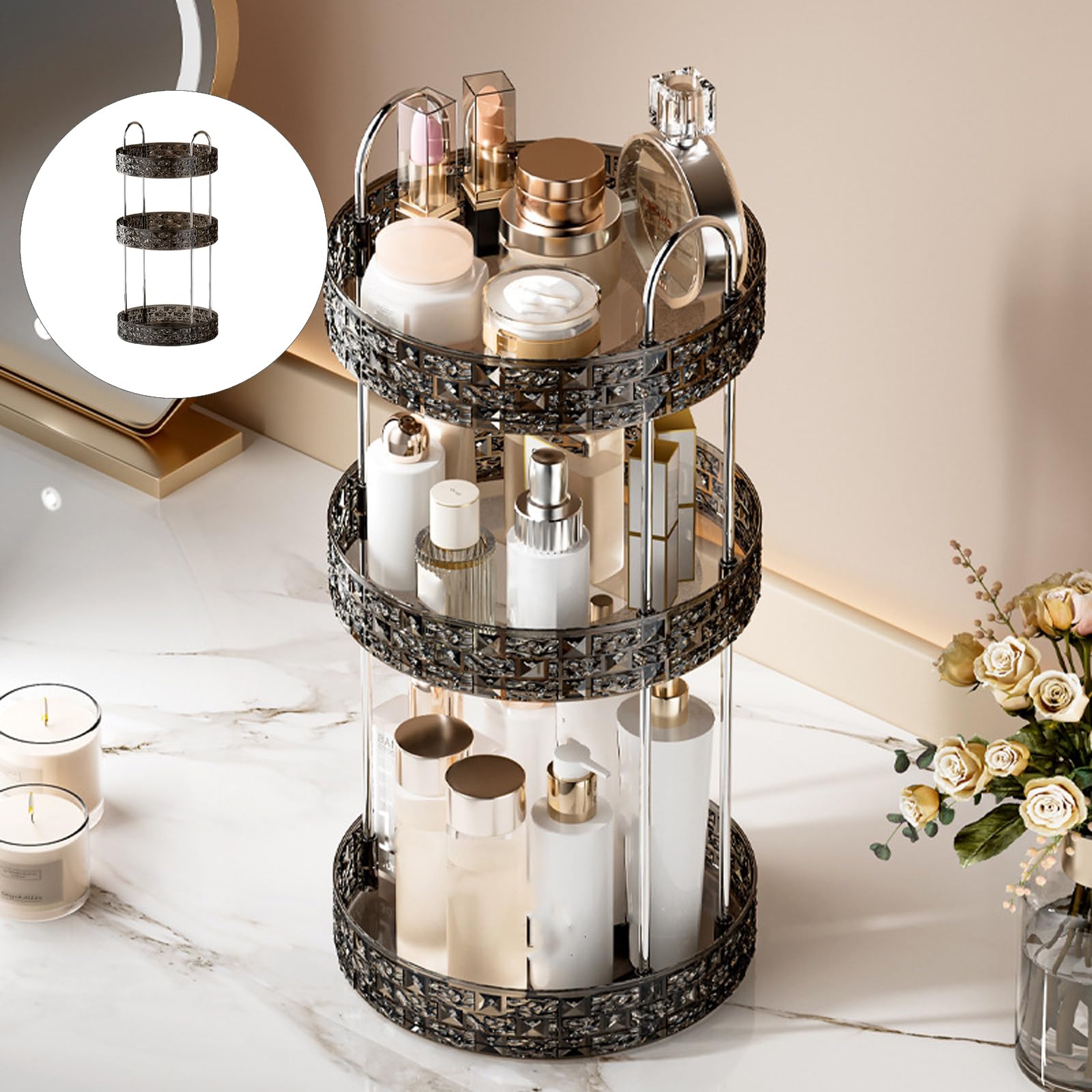 Organisateur d ' Accessoires cosmétiques Étagère rotative Haute capacité de Cadre en Acier Inoxydable Plateau de Rangement pour la Maison ou Le Bureau Rangement à Domicile Vertical de de