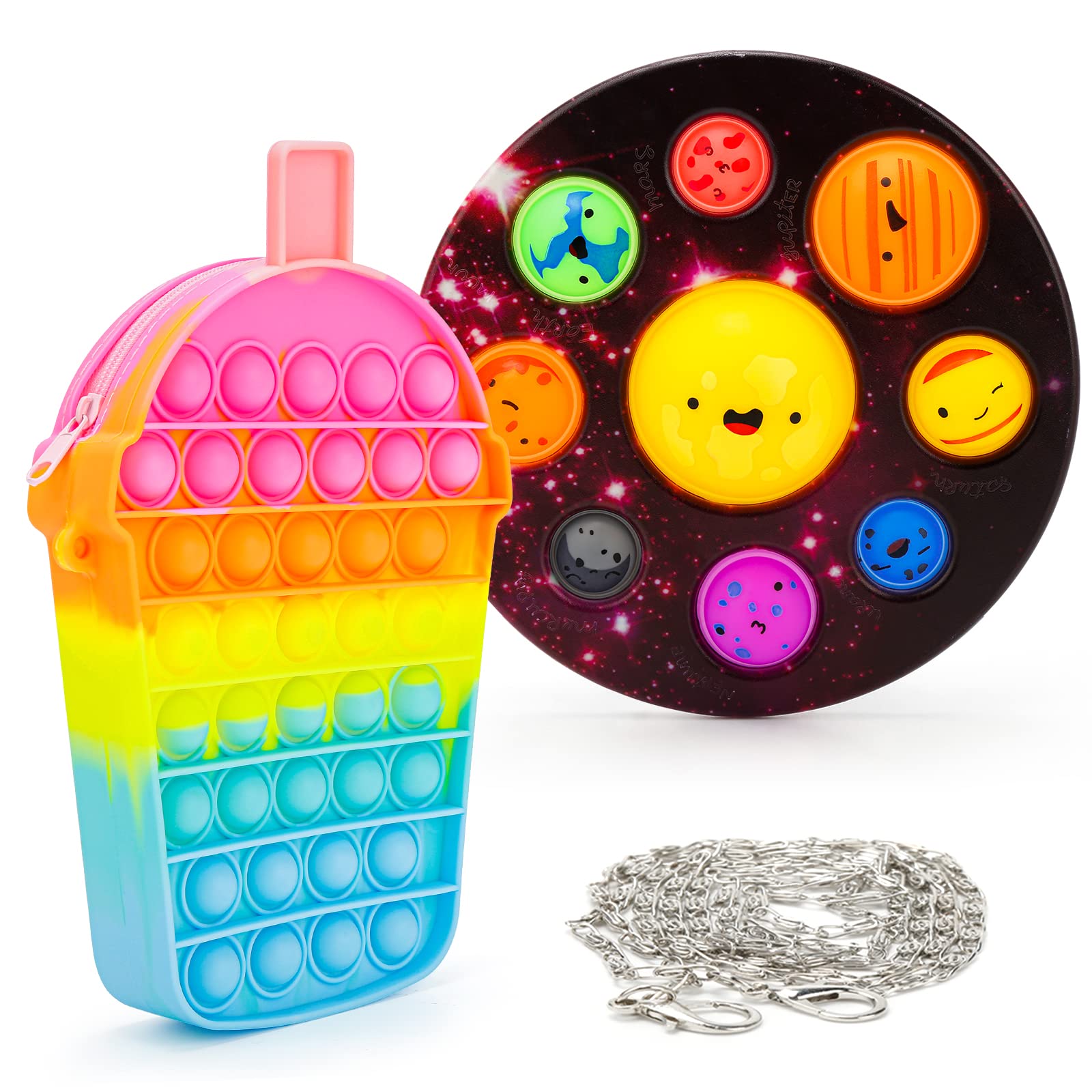 iTechjoy Pop Shoulder Rainbow Bag Fidget Toys, Solar System Planet Toy,Push Popper Crossbody Bag for School Students Supplies,Relief Stress Sensory Handbag Fidget Toy for Girls and Women
