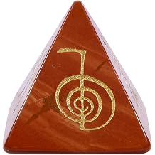 Amogeeli Healing Crystal Stone Pyramid with Reiki Symbols Engraved, Pocket Stone for Meditation Decoration, Red Jasper