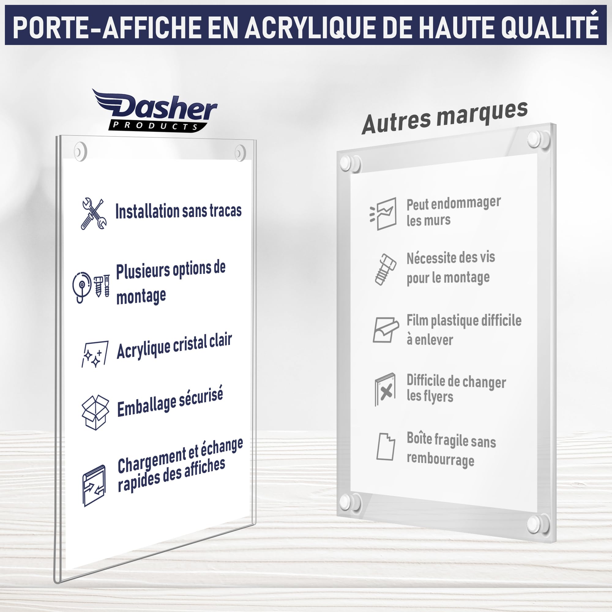 Supports de panneau en acrylique transparent avec plusieurs options de montage incluses, Lot de 6, support mural d'affiche, tableau de message en plastique pour la maison, le bureau, le magasin