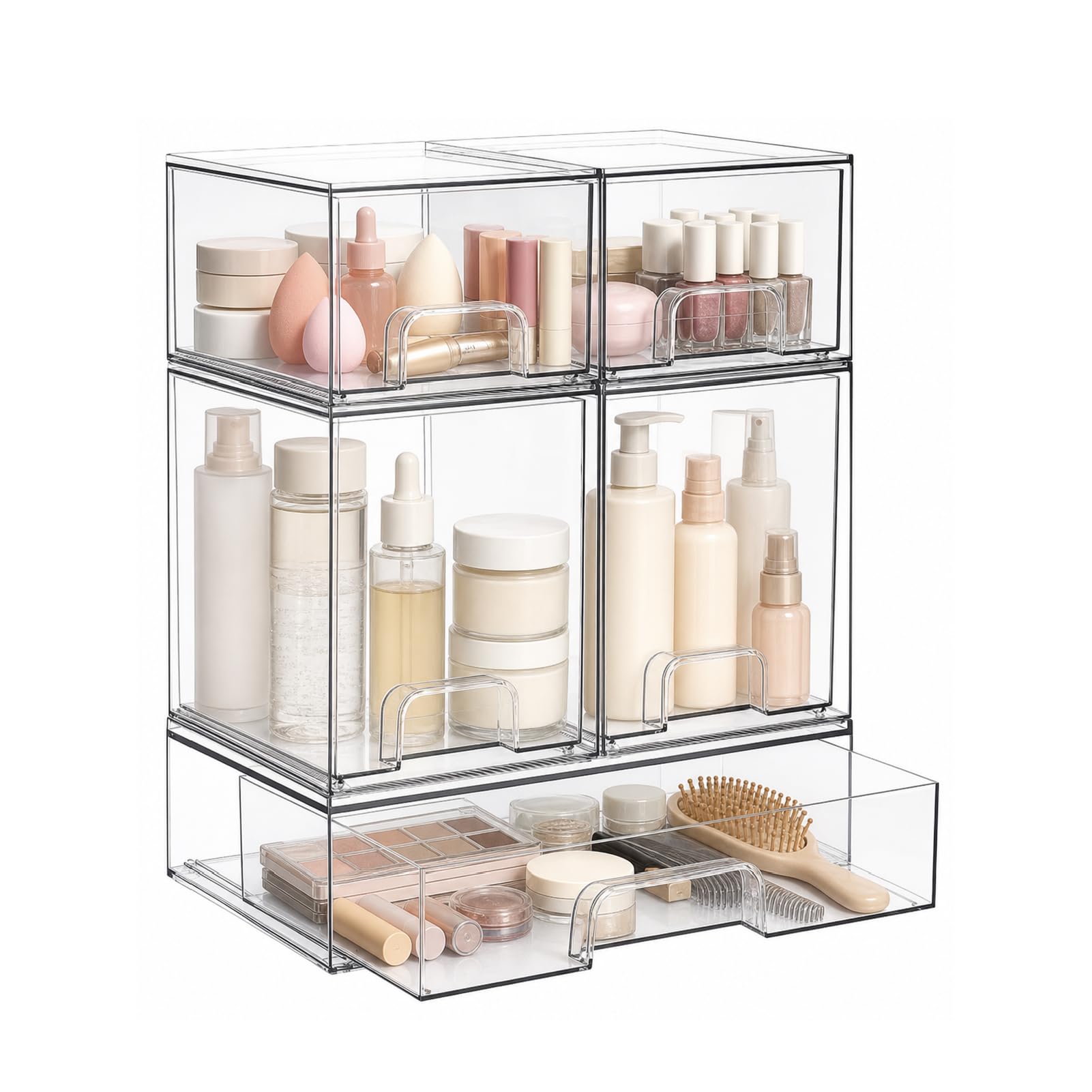 Juego de 5 Cajones de Almacenamiento de Acrílico Transparente | Apilable, con manija, fácil de instalar, para armarios de cocina y baño, cómodas, biberones y Cosméticos