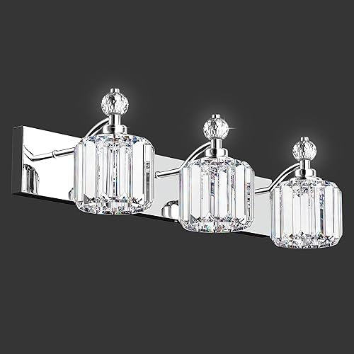 Modernas luces de cristal para tocador de baño, 3 luces de baño sobre espejo, 42 piezas de lámina de cristal, luces cromadas para tocador de baño