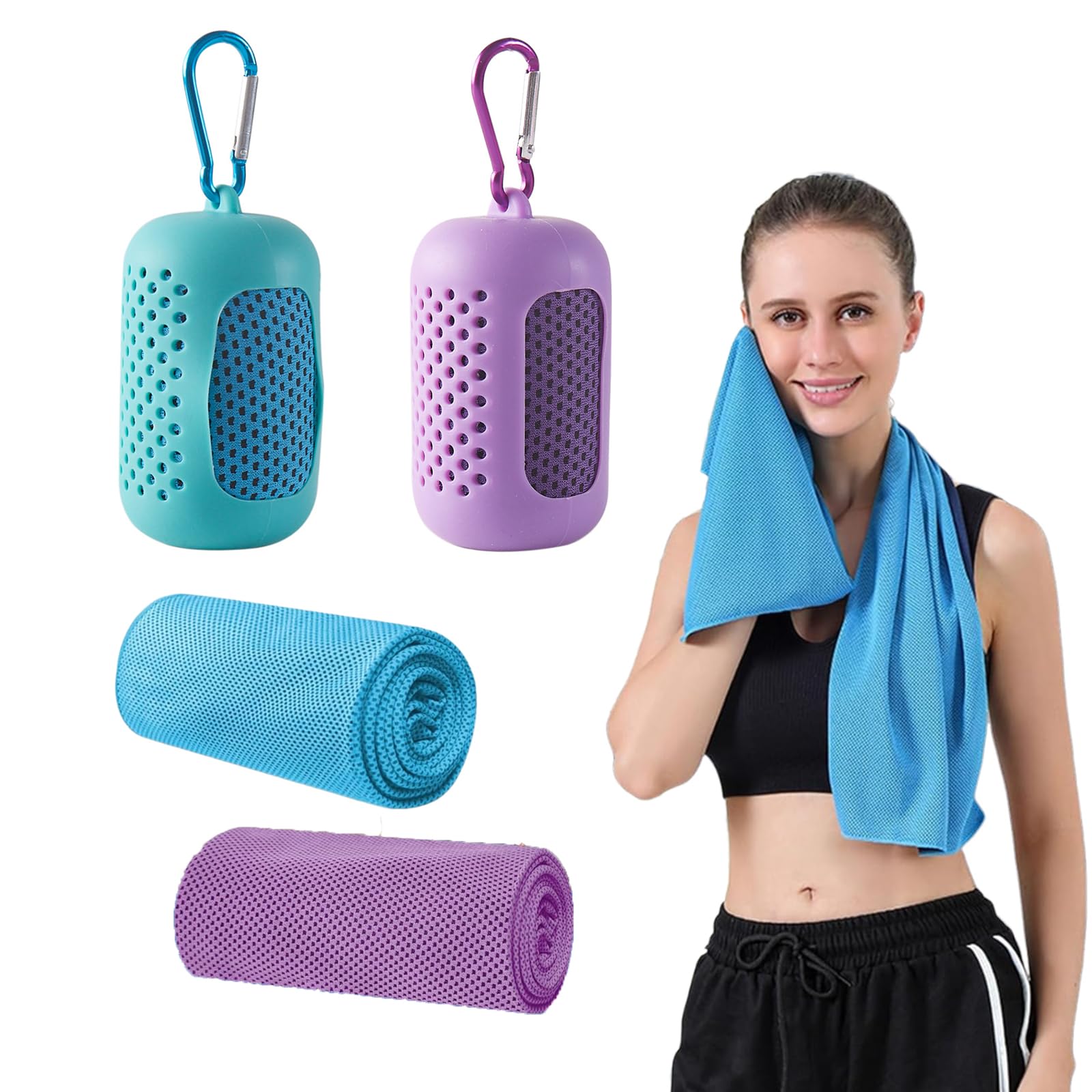 FveVqe 2PCS Cooling Towel with Portable Silicone Sleeves, Soft Breathable Sweat Cool Towel, Gym Towels for Women Men, Quick Dry Cooling Towels for Neck Yoga Workout Camping (Purple Blue)