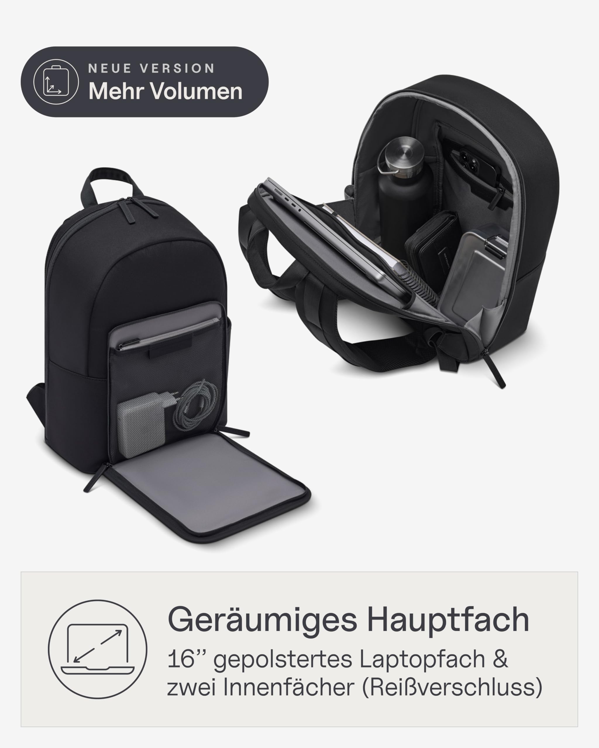 Kapten & Son Rucksack Aalborg NEW All Black 18 L | Rucksack Damen & Herren Schwarz | Handgepäck Rucksack mit 16'' Laptopfach | Backpack ideal für Uni, Arbeit, Reisen