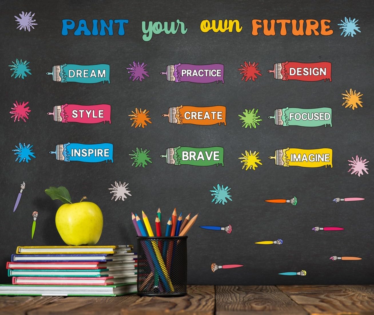 YIMEHDAN Colorful Paintbrush with Paint Splatter Wall Decal, Paint Your Own Future Inspirational Quote Vinyl Wall Stickers, Removable Ink Splotch Artwork for Art Room Classroom Playroom Decor