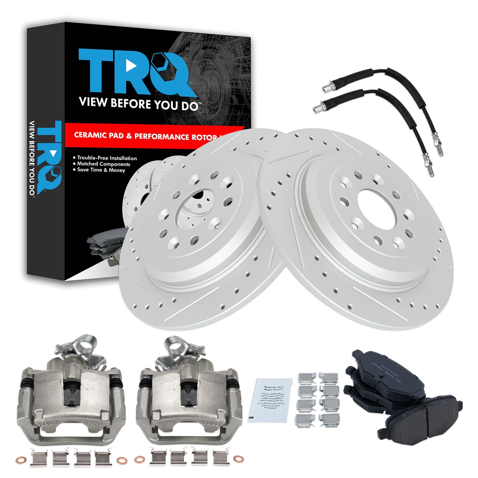 TRQ Performance Rear Brake Pad and Rotor Set Ceramic Slotted Drilled G Coated 330mm Rotors Calipers Compatible with 2015-2018 Ford Flex 2015-2018 Lincoln MKT