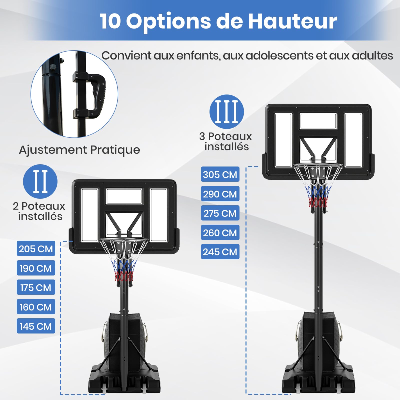 GYMAX Panier Basket Extérieur avec Sac de Poids, Hauteur Réglable 143-305/240-305 cm, pour Enfants Adultes Adolescents, Mobile avec Roues, Base Stable Remplissable