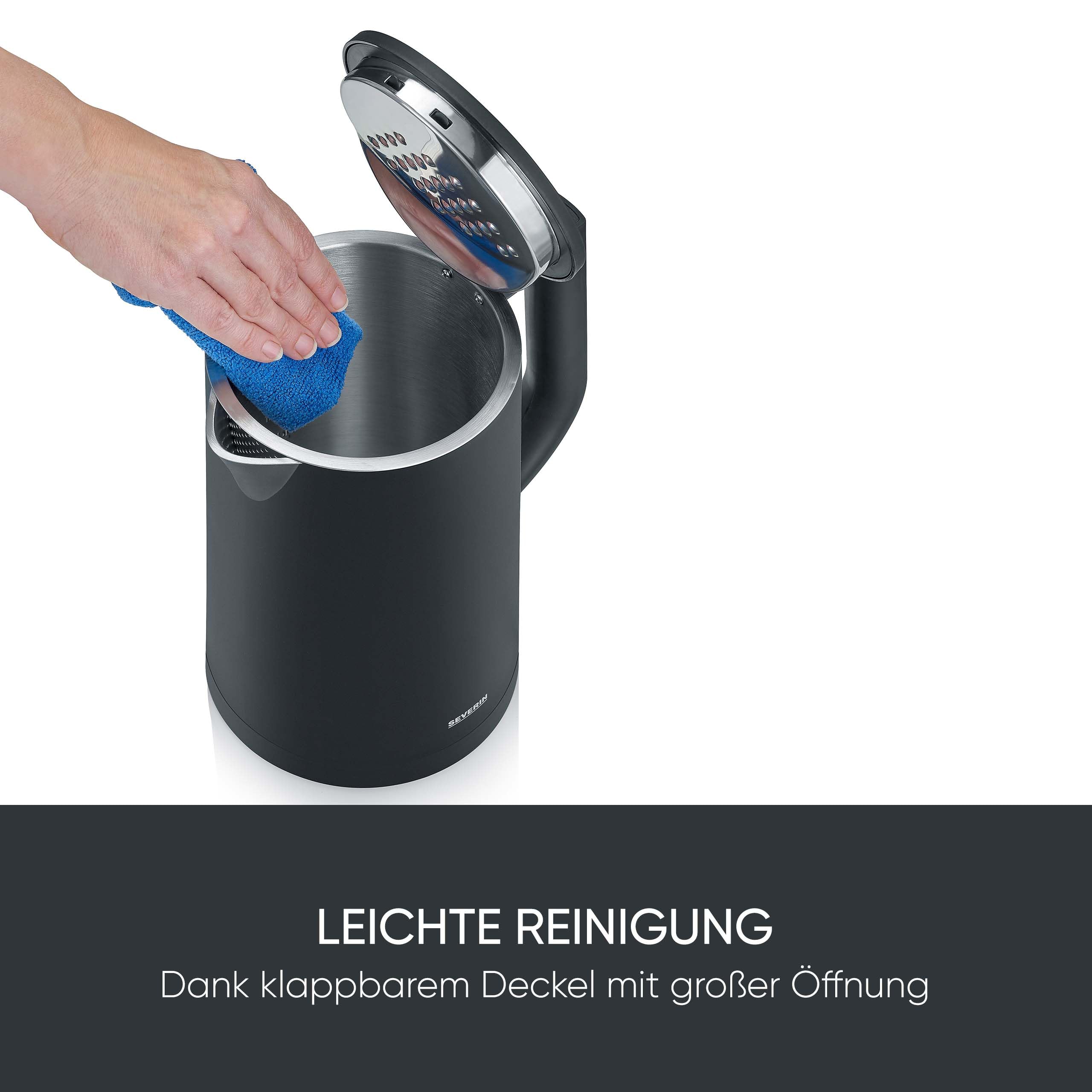 SEVERIN Cool-Touch Wasserkocher, doppelwandiger Wasserkocher, farbige LED-Temperatur-Rückmeldung im Griff, mit Warmhaltefunktion und Abschaltautomatik, schwarz, 1,7 L Kapazität, 2.200 W, WK 3484
