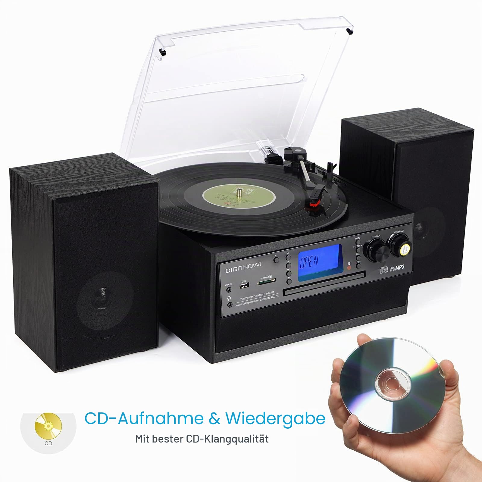DIGITNOW! Bluetooth Viny Plattenspieler Plattenspieler für CD, Kassette, AM/FM Radio und Aux In, USB-Anschluss und SD-Codierung, Fernbedienung, mit eigenständigen Stereo-Lautsprechern