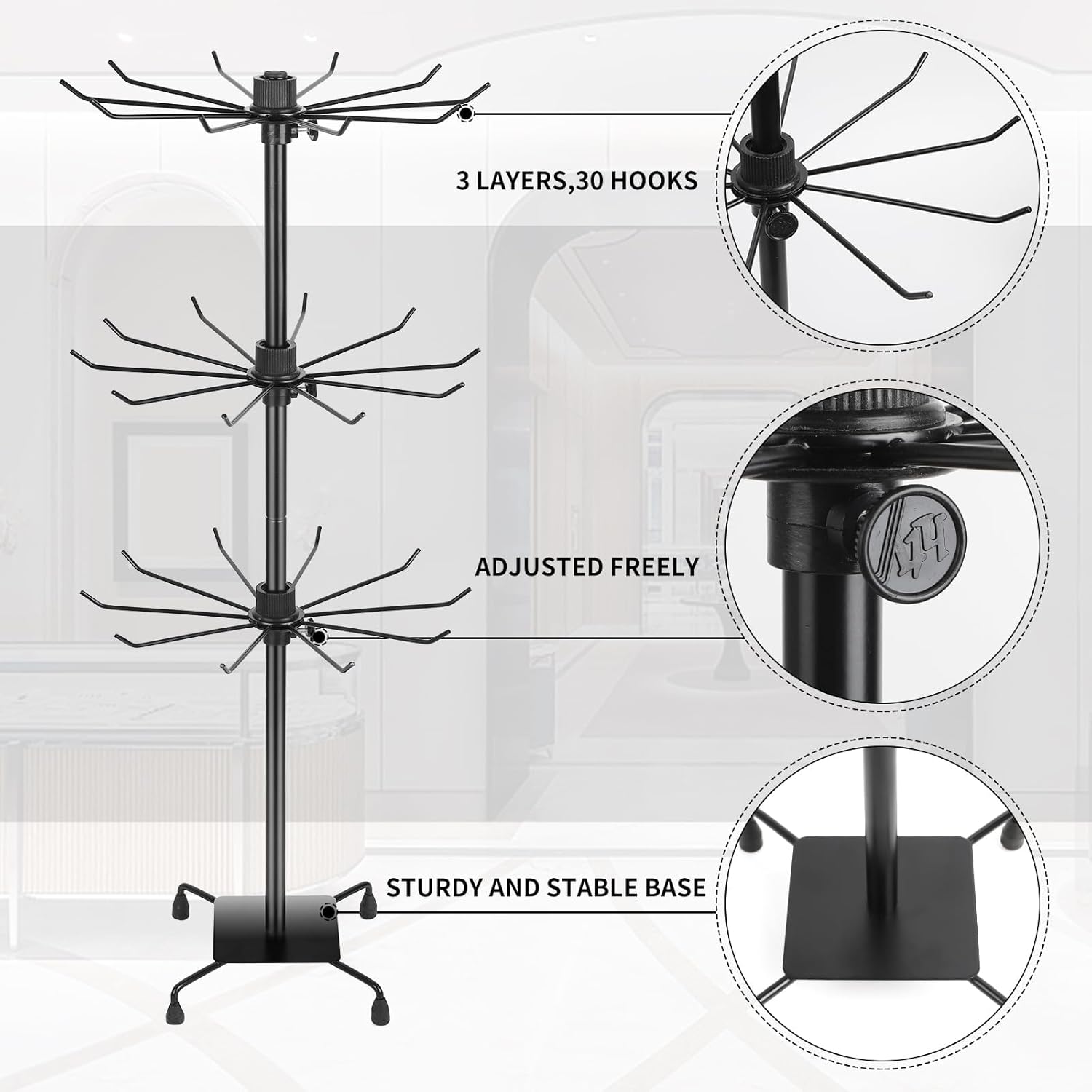 3 Tier Rotating Keychain Earring Display Stand - Black, 28.35 x 11.81 Inch - Ideal for Vendor Events, Ornament & Bracelet Display