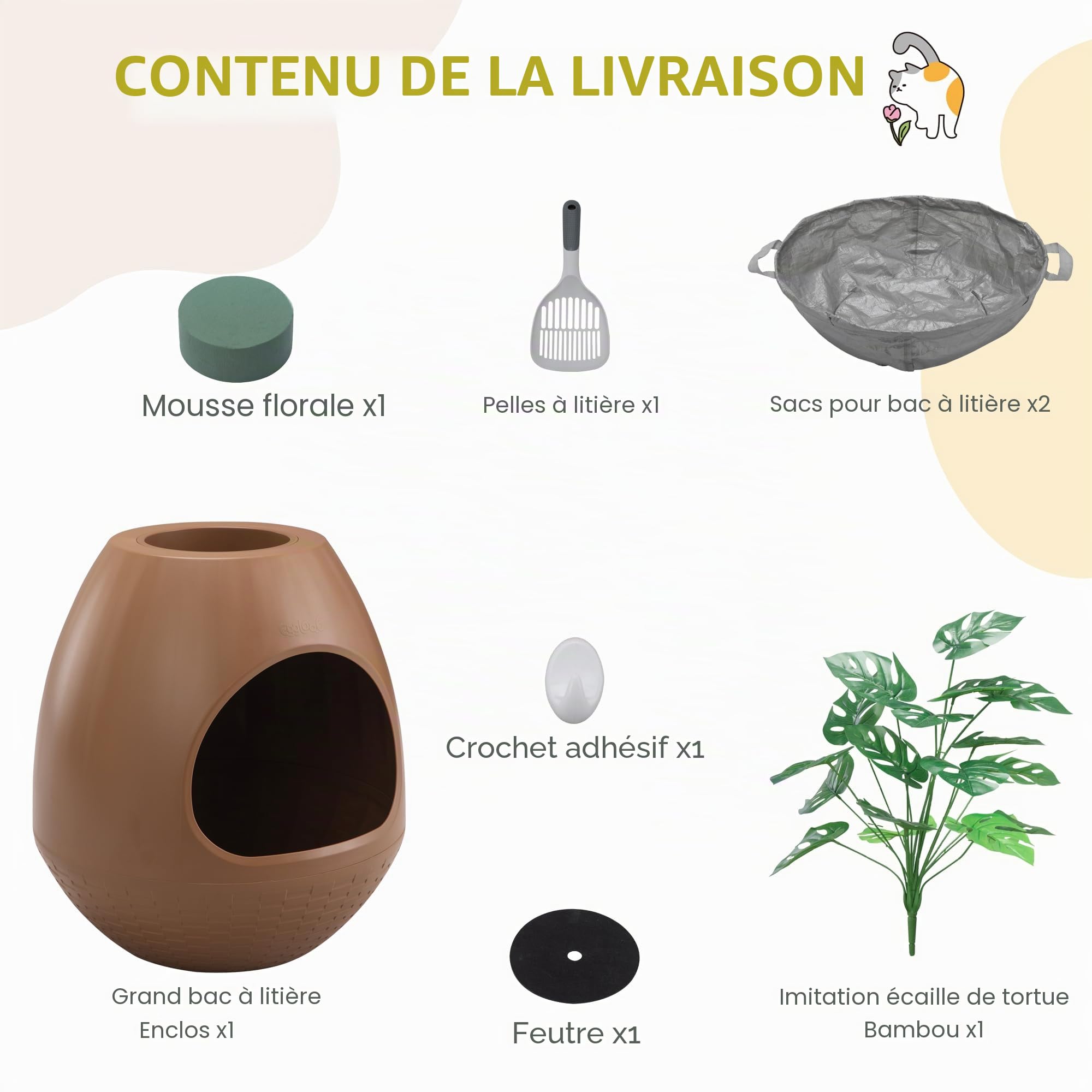 Bac à litière multifonction avec couvercle - Avec semelles en plastique pratiques - Convient à la plupart des chats - Choix idéal pour les appartements et les bureaux - Marron