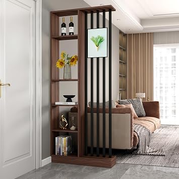 Floor to Ceiling Room Divider with Shelves Freestanding Partition Screen, Industrial Style Room Divider Furniture for Bedroom, Office Walnut, 31.5" L x 9.5" W x 79.5" H