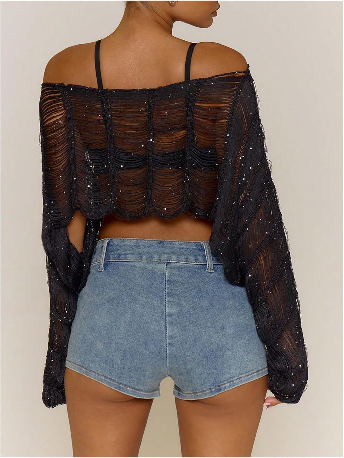 SHENHE Women's Off The Shoulder Sequin Sheer Sweater Oversized Sparkly Ripped Y2k Rave Sweater
