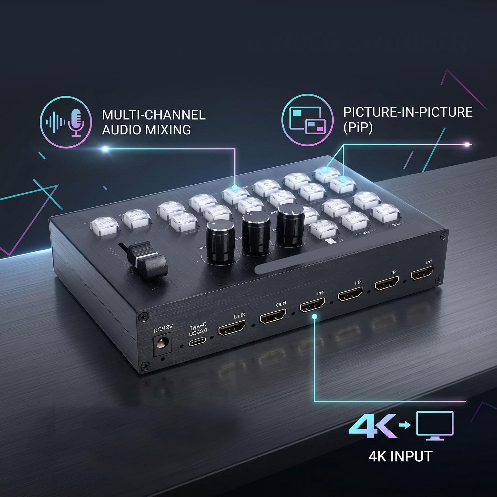 Switcher Video a 4 Ingressi e 2 Uscite, Anteprima del Segnale HD 4K Mixer per Streaming Live Mixing Audio Multicanale per Registrazione Live di Trasmissioni Multiple Mixer (Spina europea)