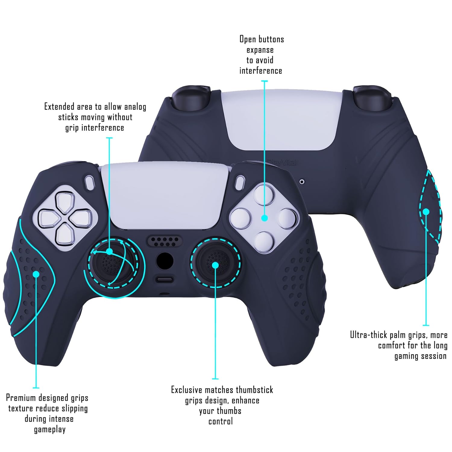 eXtremeRate PlayVital Guardian Edition Midnight Blue Ergonomic Soft Anti-Slip Controller Silicone Case Cover for ps5, Rubber Protector Skins with Black Joystick Caps for ps5 Controller - Image 4