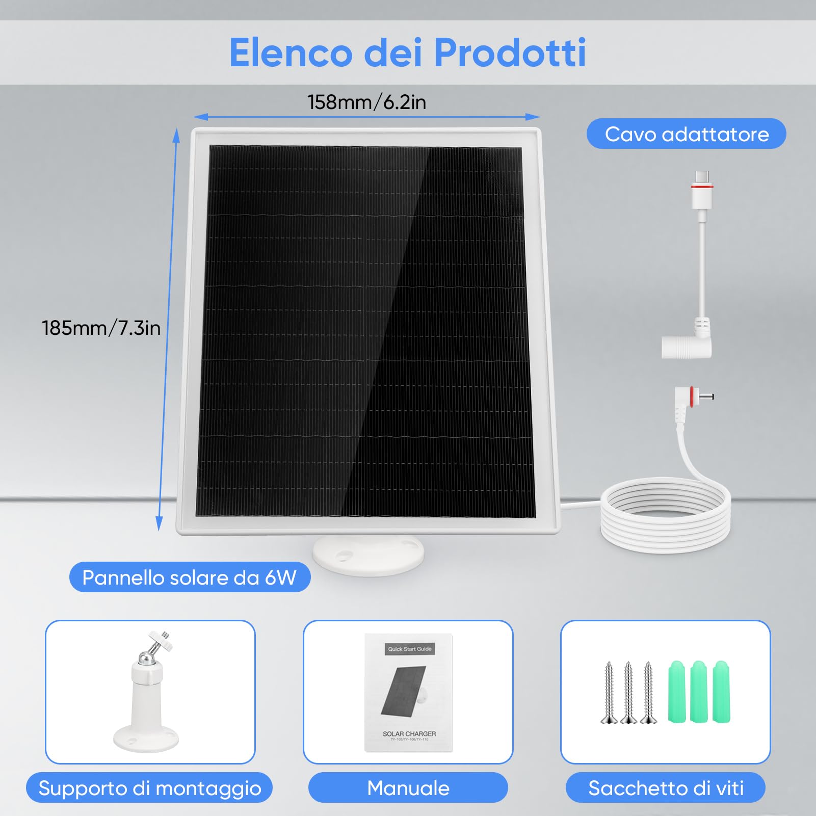 Alimentazione Solare Pannello Solare 6W Per Telecamera Ring - Impermeabile IP66 Con Staffa 360° E Cavo 3m Caricabatterie Solare Sicurezza