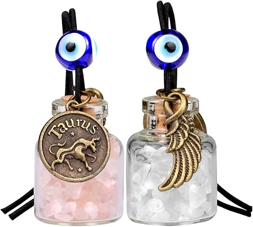 Miniatura 12 de Zodiac Birthstone Car Charms for Rearview Mirror Hanging - Two Gemstone Good Luck Bottles with Evil Eye Protection Bead and Guardian Angel Wing