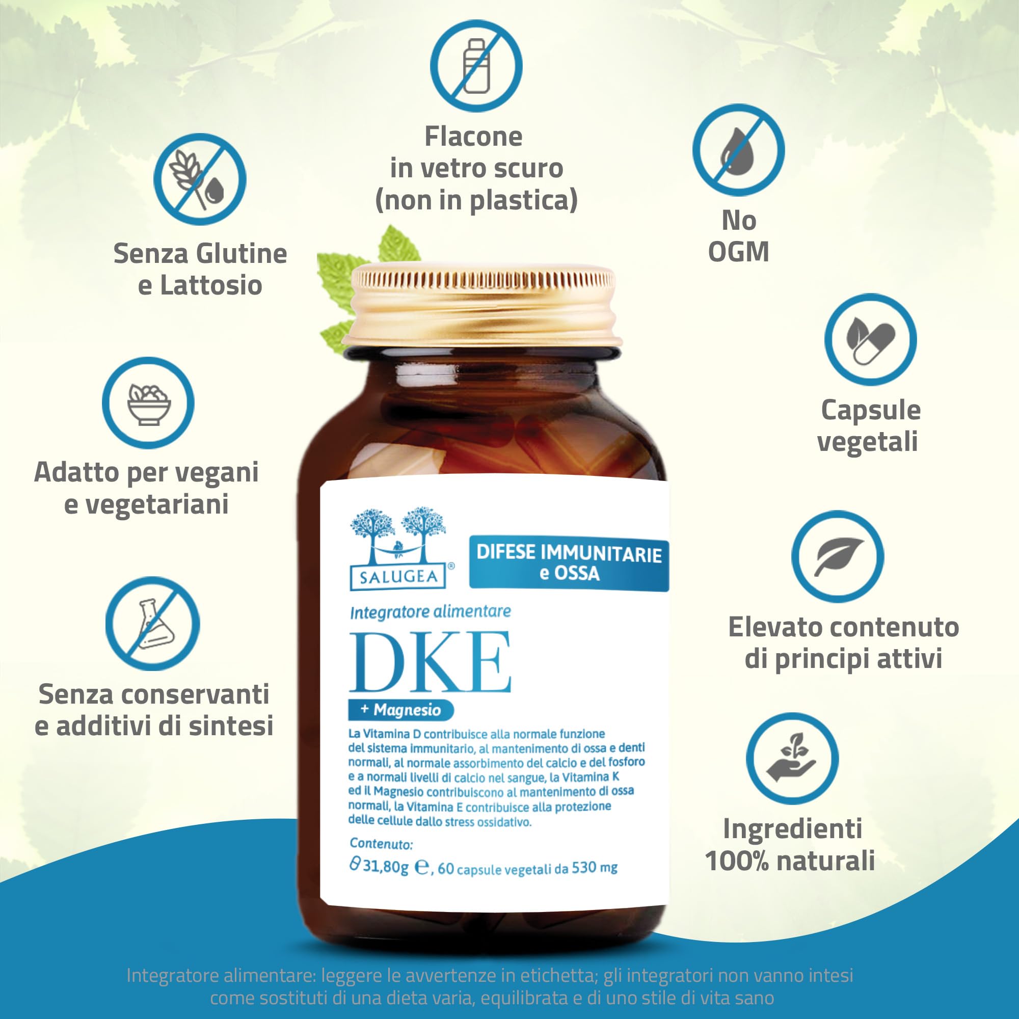 DKE + Magnesio Salugea - Integratore di Vitamine D3, K2, E e Magnesio - 100% Naturale - 60 Capsule Vegetali - Flacone in Vetro Scuro Farmaceutico