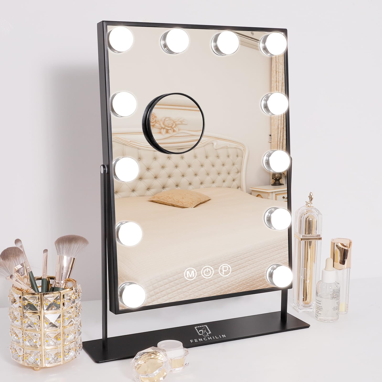 FENCHILIN Hollywood Vanity Mirror with Lights, Lighted Makeup Mirror with 3 Color Light Modes, Smart Touch Control, 360 Degree Rotation(Black)