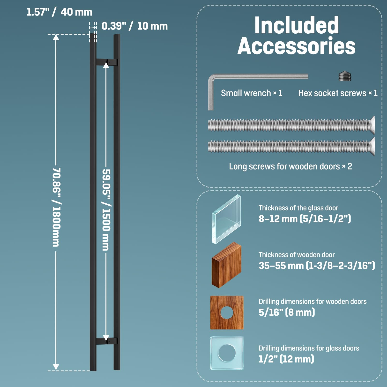 Ranbo Manija de puerta rectangular en forma de H de 71 pulgadas de longitud de atrás a atrás, diseño de chaflán de borde para mayor seguridad, acero inoxidable 304, para puerta de entrada comercial de
