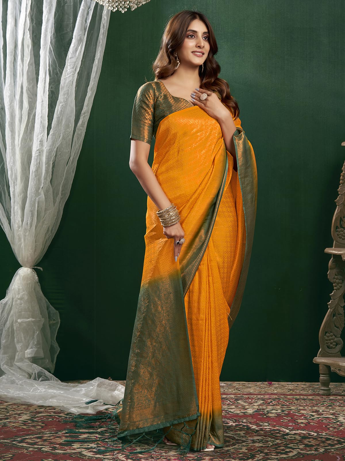 Satrani Women's Silk Blend Banarasi Jacquard Saree With Unstitched Blouse Piece (3819S401N_Turmeric Yellow & Dark Green)