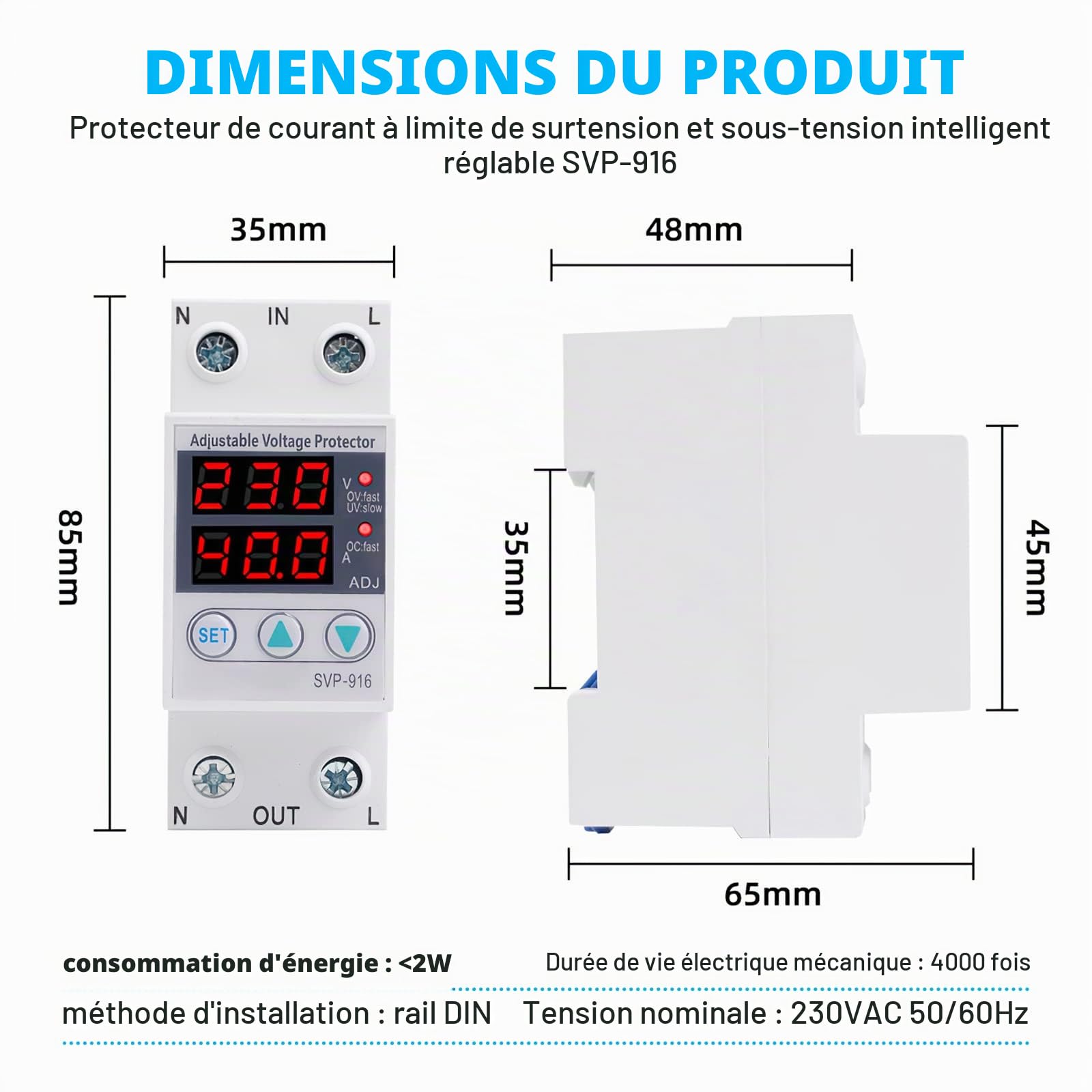 DeWin Protecteur de Courant de Tension, Protecteur de Courant de Surtension et de sous-Tension Réglable Monophasé Intelligent 40A AC 230V