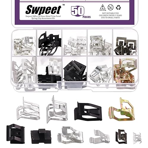 Swpeet 50Pcs 10 Tamaños 7.9mm 10mm 11mm 13.1mm 14.1mm 15.3mm 15.8mm 16mm 17.3mm 18.2mm Kit de Clips de Resorte para Panel de Moldura de Metal